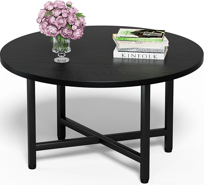 Living Room Furniture FAMIDGE Coffee Table, 23.6" Coffee Tables for Living Room, Round Coffee Table with Metal Frame, Floor Table for Sitting on The Floor, Home, Office, Black