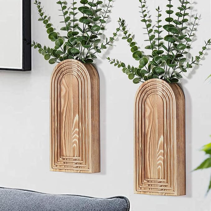 Bedroom Decor Dnnnii 2 Pack Wooden Wall Vase Set - Brown Finish Modern Farmhouse & Boho Wall Decor for Entryway, Hallway, Bathroom, Living Room, Dining Room, Narrow Spaces