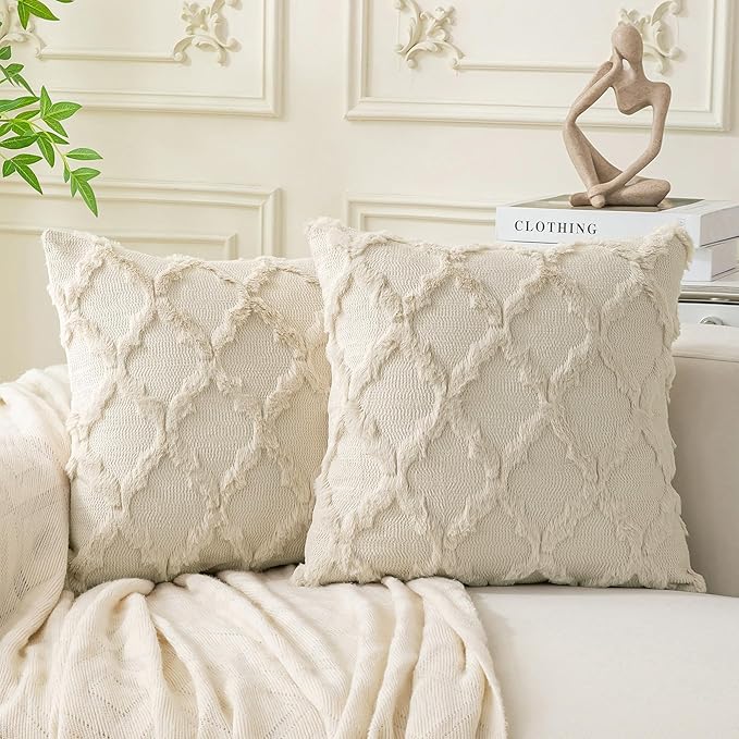Living Room Decor Cozoomy Set of 2 Soft Moroccan Throw Pillow Covers 18x18 Inch Plush Boho Decorative Pillow Cover Accent Cushion Case for Couch Sofa Bed, Beige