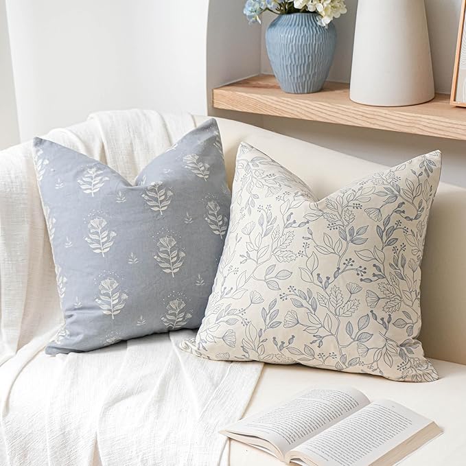 Living Room Decor SageSelvas SageSelvas Coastal Blue Farmhouse Decorative Throw Pillow Cover 20x20 Set of 2, Floral Cotton Accent Throw Pillow for Couch Sofa Living Room, Cover ONL