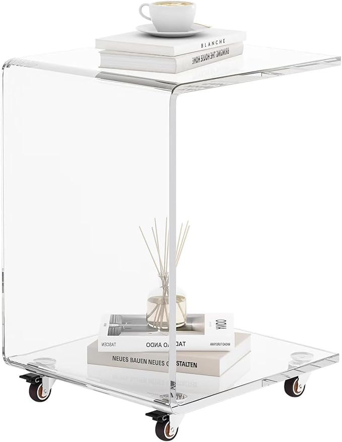 Living Room Furniture bitaycan Modern Acrylic Side Table, C-Shaped Sofa Table Nightstand with Storage and Lockable Wheels for Living Room, Bedroom, Office, Bedside, Couch, 13.38" D