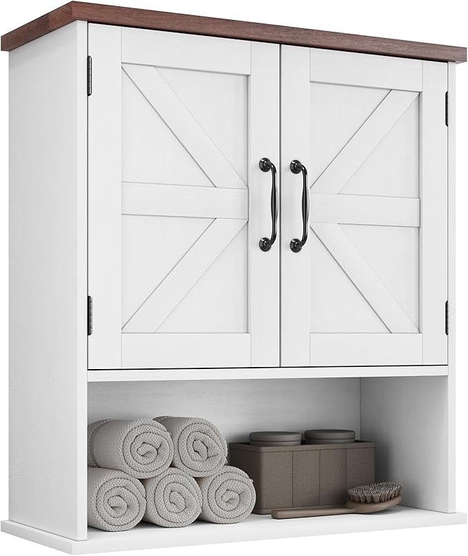 Bathroom Furniture Mino Kesper Bathroom Wall Cabinet with Barn Doors, Wall Mounted Bathroom Cabinet, Farmhouse Style, Adjustable Shelf, Wall Mounted Medicine Cabinets, White