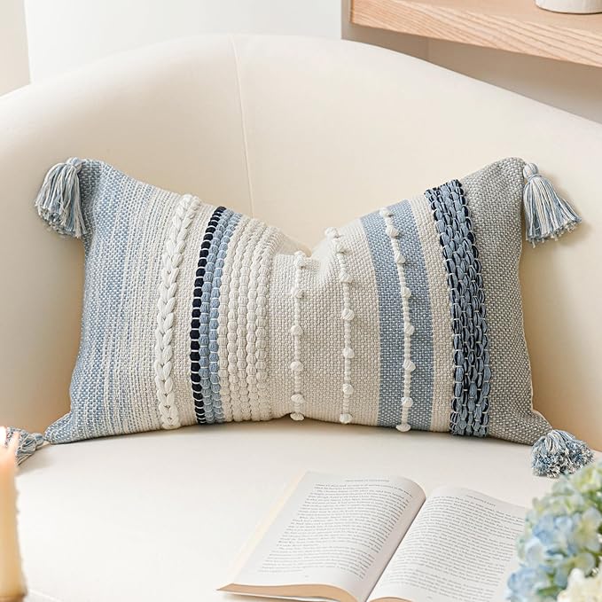 Bedroom Decor BlissBlush BlissBlush Decorative Lumbar Throw Pillow Cover 14x24 Boho Coastal Blue Accent Cushion for Couch Sofa Farmhouse Pillowcase for Bedroom Living Room Home Déc