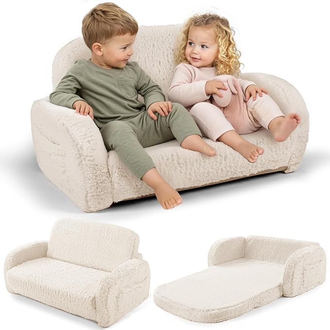 Living Room Furniture little dove 2-in-1 Sherpa Fold Out Kids Couch, Extra Wide Comfy Toddler Chair, Convertible Kids Sofa to Lounger, Foldable Toddler Couch with High Density Foam