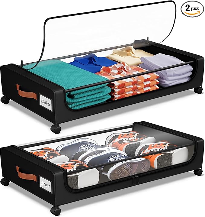 Bedroom Storage Futego Under Bed Storage with Wheels, UnderBed Storage Containers with Clear Lid and Handles, XXL 60L Under the Bed Storage Bins Drawers for Clothes,Blankets,Shoes,