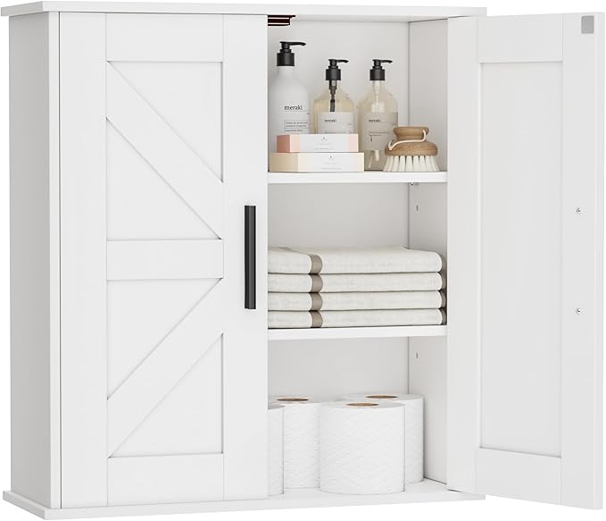 Bathroom Furniture Homleke Bathroom Wall Cabinet, Over Toilet Storage Cabinet with Barn Doors and Adjustable Shelves, 3-Tier Medicine Cabinet Wall Mounted, for Bathroom, Kitchen, E