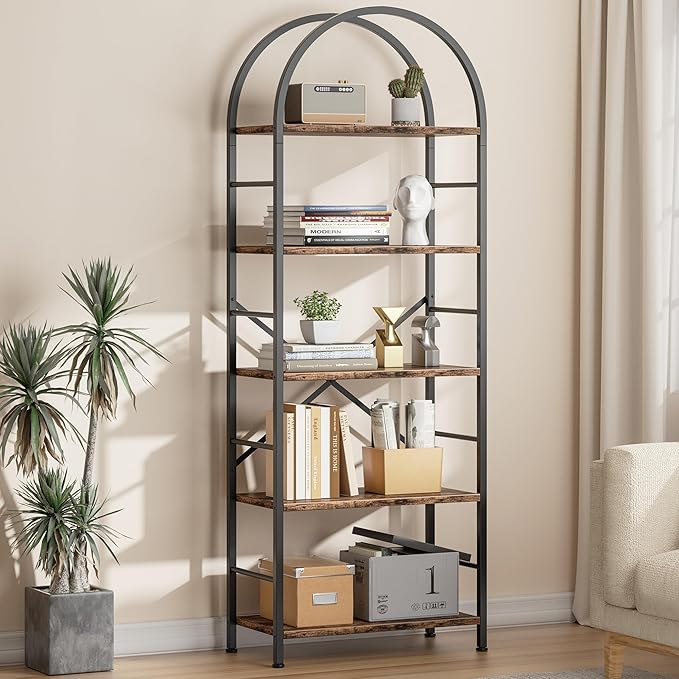 Living Room Furniture Shintenchi Shintenchi Bookshelf, Arched Bookshelf 5 Tier Bookcase, Tall Shelf for CDs/Books, Home Office Shelf Storage Organizer, Modern Book Shelf for Bedroo