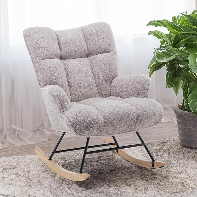Bedroom Furniture SAETSFEG Rocking Chair Nursery Teddy Upholstered Glider Rocker Rocking Accent Chair Padded Seat with High Backrest Armchair Comfy Side Chair for Living Room Bedro