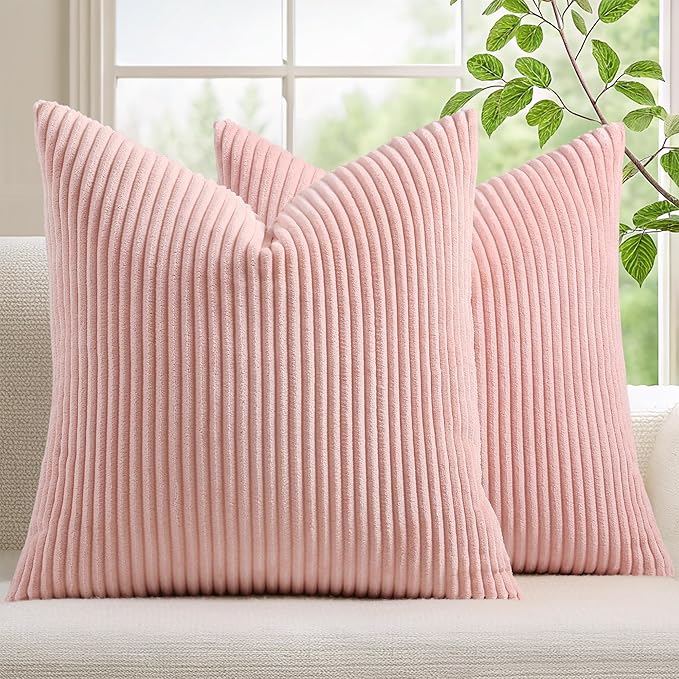 Living Room Furniture Mecatny Mecatny Corduroy Spring Decorative Throw Pillow Covers 18x18 Set of 2 for Sofa Living Room, Soft Neutral Boho Couch Pillow Covers for Home Decor, Pink