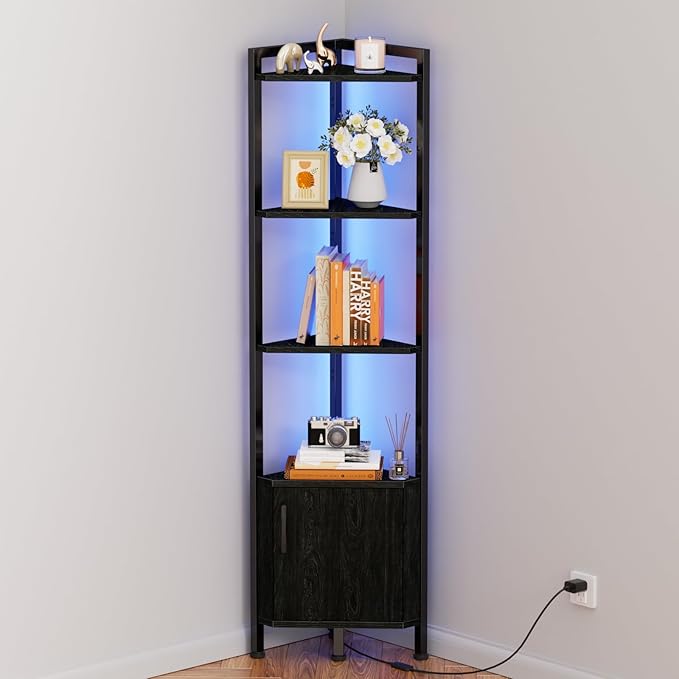 Living Room Furniture Furnulem Furnulem Corner Shelf,5-Tier Corner Cabinet with Storage and LED Light, 62.8” Standing Display Bookshelf for Bedroom, Living Room, Kitchen, Wood Disp