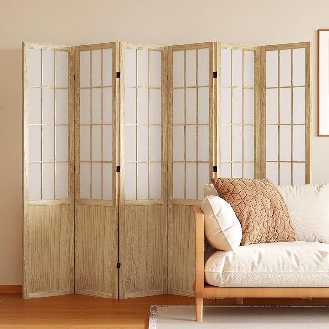 Living Room Furniture Svimi Room Divider, 66.9Inch Tall Japanese Shoji Style Folding Wood Screen with Double Hinges for Home Office Bedroom Hotel Decoration (6Panels, Natural)