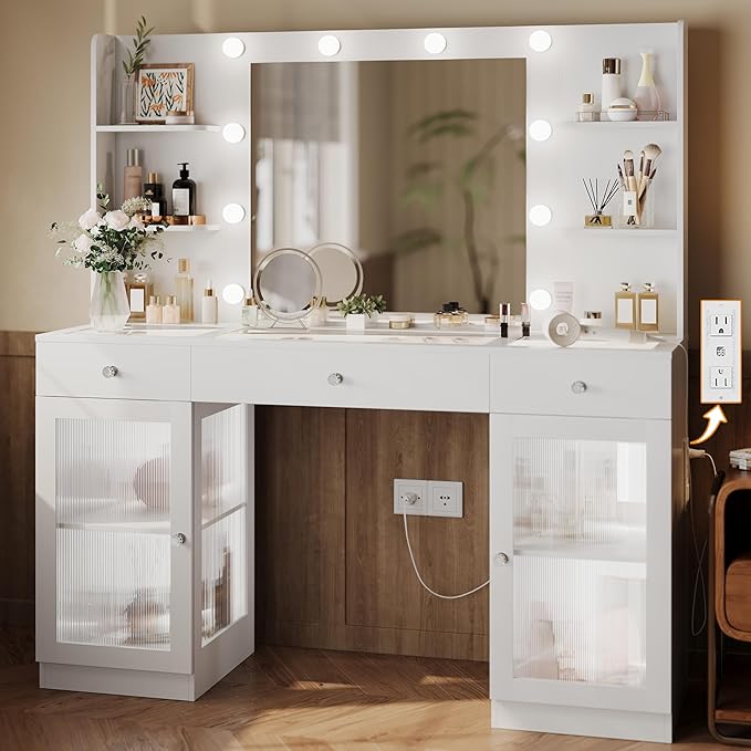 Bedroom Furniture IFSEB Makeup Vanity with Glass Top, White Vanity Desk with Mirror and Lights, Big Vanity with Drawers & Cabinets for Bedroom, Cute Vanity with Crystal Knobs & Pow