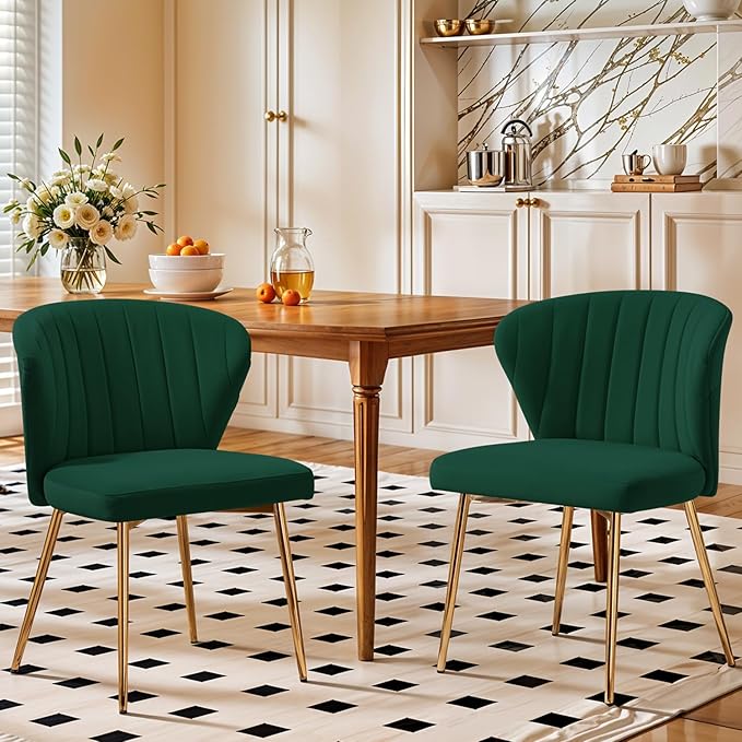 Bedroom Furniture LOVSPATIO Velvet Dining Chairs Set of 2, Modern Upholstered Vanity Chairs with Golden Metal Legs for Dining Room Kitchen Vanity Patio (Green)