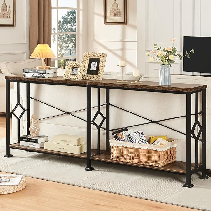 Living Room Furniture HOMISSUE HOMISSUE Long Entryway Console Table, 70.9 Industrial Narrow Sofa Tables Behind Couch with 2 Tier Storage Shelf for Hallway, Living Room, Rustic Bro