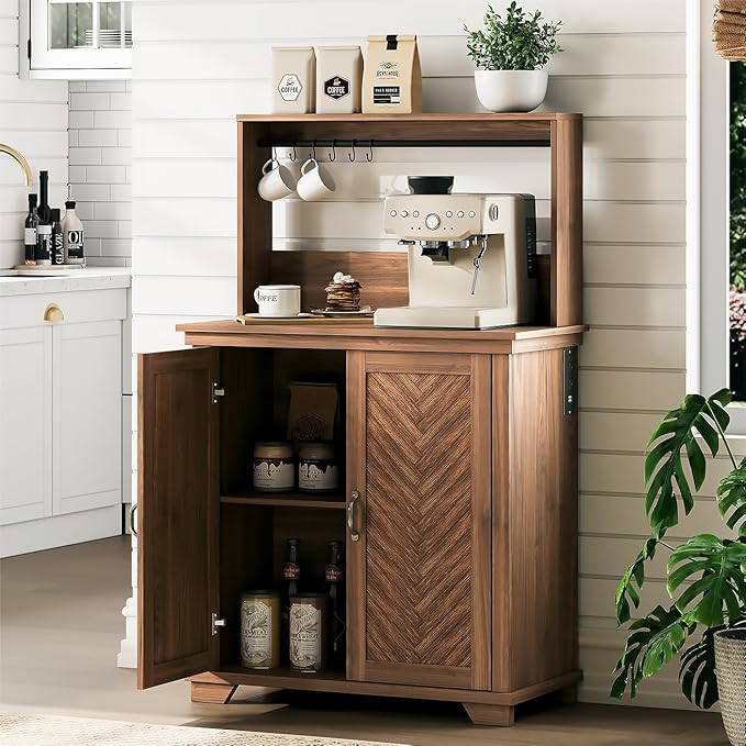 Living Room Furniture JOINICE Farmhouse Coffee Bar Cabinet with Storage,31.5" Kitchen Cabinet with Hooks and Charging Station,Coffee Station with Adjustable Shelf and Hutch