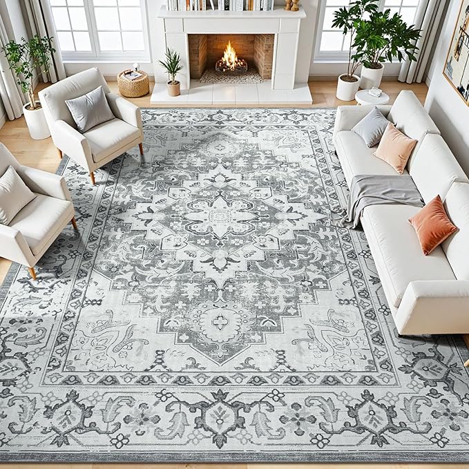 Bedroom Decor Lessymo Lessymo 8 x 10 Area Rugs for Living Room- Machine Washable Area Rugs Boho Faux Wool Low Pile Area Rug for Bedroom, Floral Medallion Vintage Rugs with Non-Slip