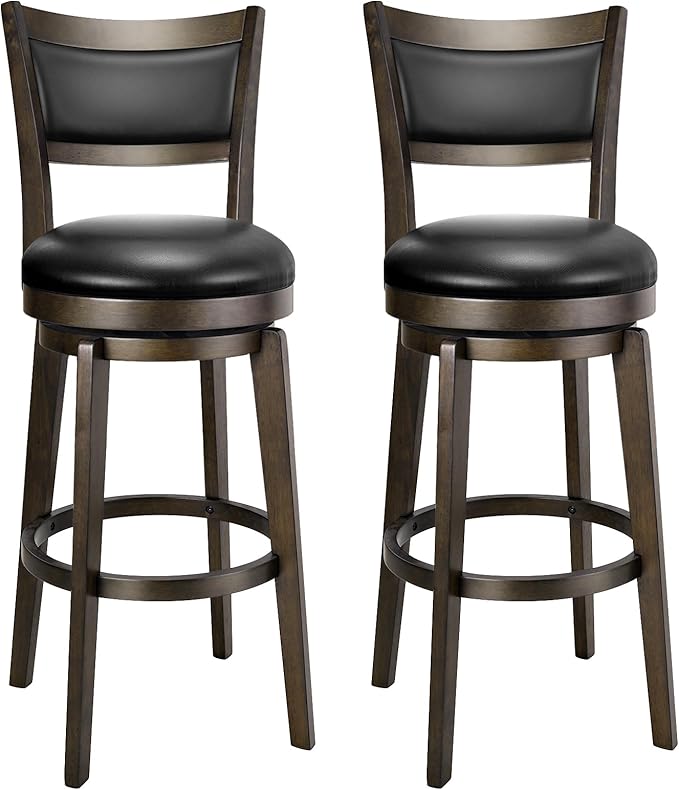 Kitchen Furniture PrimeZone PrimeZone Swivel Bar Stools Set of 2, 30 Inch Bar Height Barstools, Black Faux Leather Bar Stool with High Backrest & Solid Wood Legs & Wrap-Around Foot