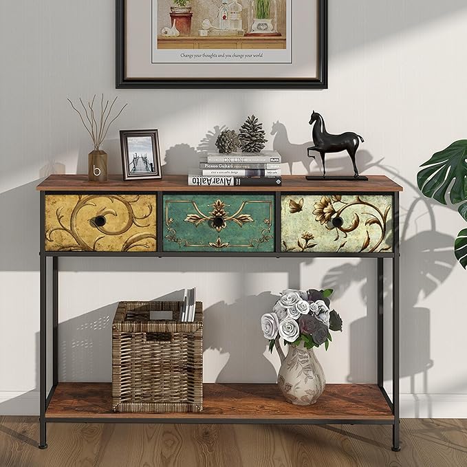 Living Room Furniture Tohomeor Tohomeor Entryway Console Table with 3 Retro Flowers Fabric Drawers Boho Narrow Long Behind Couch Sofa Table with Bottom Open Storage Shelf for Hallw