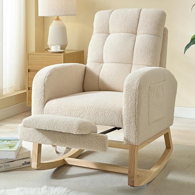 Bedroom Furniture NIOIIKIT NIOIIKIT Modern Nursery Rocking Chair, Teddy Upholstered Rocking Chair with Footrest, Comfortable Rocker Recliner with Side Pocket, Rocker Glider for Liv
