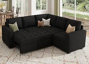 Living Room Furniture HONBAY HONBAY Modular Sectional Sleeper Sofa with Pull Out Bed, Velvet Convertible L Shaped Couch with Storage Seat, Sectional Couches for Living Room, Black,