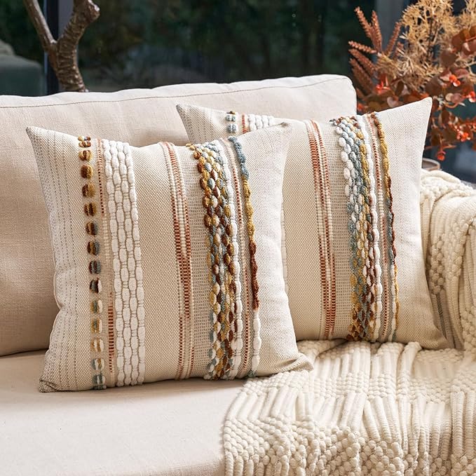 Living Room Decor Aeckself Aeckself Boho Throw Pillow Covers 18x18 Inch Set of 2, Farmhouse Decorative Striped Square Pillow Covers Chenille Tufted Pillow Cases Accent Neutral Pill