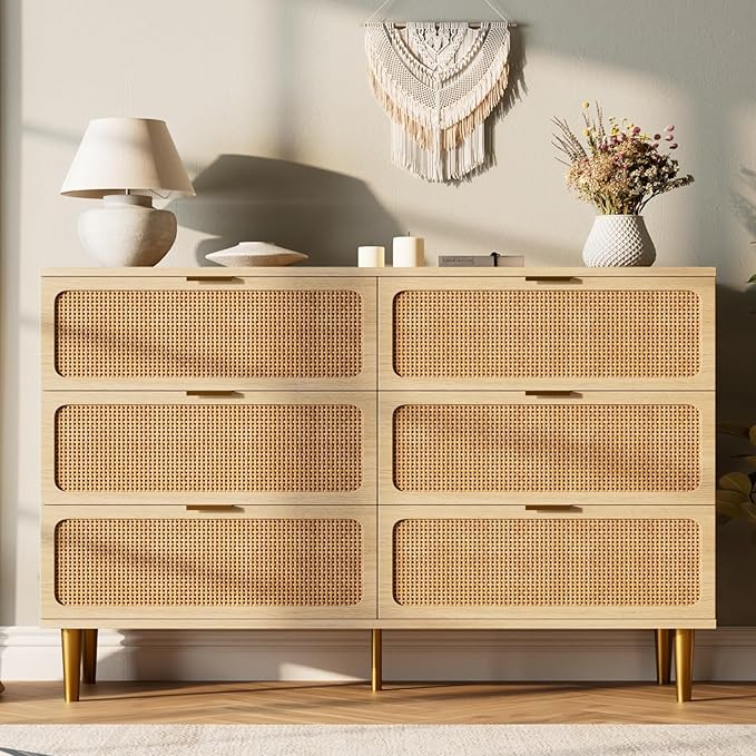 Bedroom Furniture GarveeHome Rattan 6 Drawer Dresser for Bedroom, Large Double Dresser with Deep Drawers