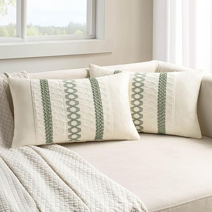 Living Room Decor MIULEE MIULEE Set of 2 Sage Green Boho Decorative Lumbar Pillow Covers 12x20 Inch Farmhouse Rustic Couch Throw Pillows Modern Summer Cushion Covers Retro Cute Mac