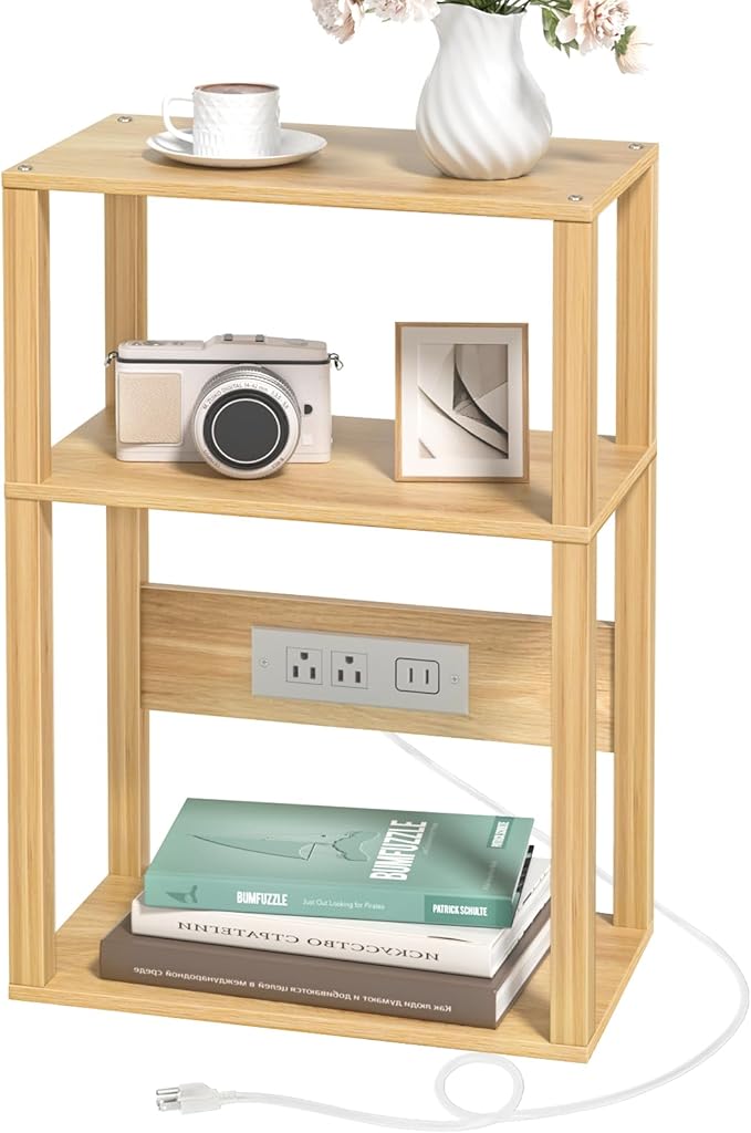 Bedroom Furniture YUFAM 3-Tier Small Narrow Bamboo Side Table with Charging Station, Skinny Nightstand for Small Space, Slim Bedside Table with Storage for Couch, Wooden Thin End Table with USB Port