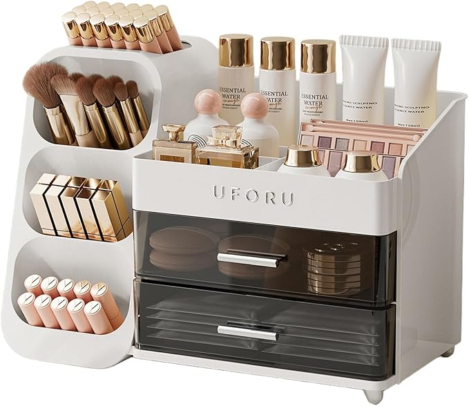 Bedroom Organisation UFORU Makeup Organizer for Vanity with Brush Holder, Countertop Skincare Organizer with 2 Drawers, Spacious Cosmetic Display Case