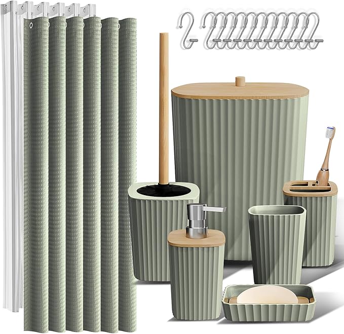 Bathroom Decor Clara Clark Clara Clark Bathroom Accessories Set - Bathroom Set, Bathroom Accessory Set, Shower Curtain Set, Toilet Brush, Trash Can & Soap Dispenser - Sage Green - 