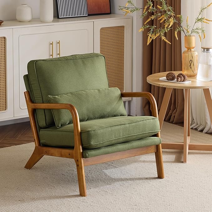 Living Room Furniture Karl home Karl home Accent Chair Mid-Century Modern Chair with Pillow Linen Fabric Upholstered Lounge Arm Chair with Solid Wood Frame & Soft Cushion for Livin
