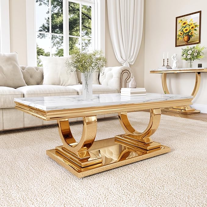 Living Room Furniture Modehodei Luxury Marble Coffee Table, 47" Rectangle Coffee Table with Faux Marble Tabletop & Gold Stainless Steel Base, Modern Center Table for Living Room, Office