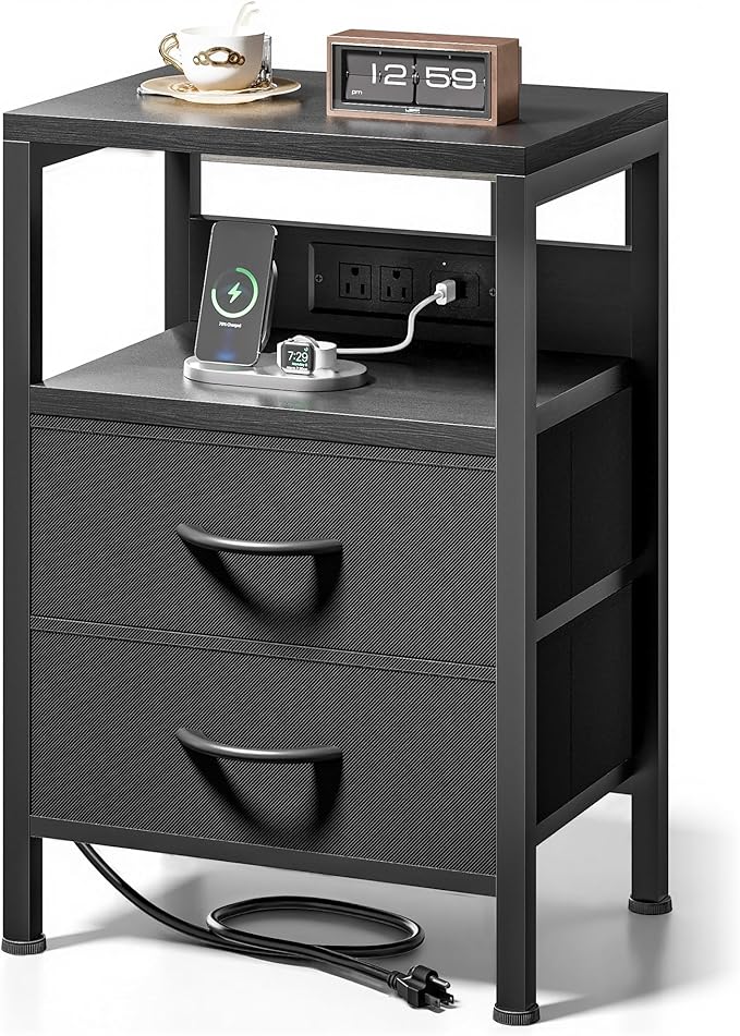Bedroom Furniture Lazzanto NightStand Bedside Charging Table Bedroom - Night Stand with Charger Station, Modern Nightstand with Open Shelf & 2 Fabric Drawers, Bed Side Table with U