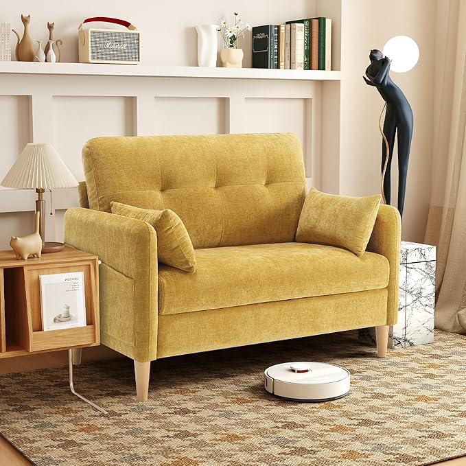 Living Room Furniture Urhanherry 47" Small Sofa Couch for Bedroom, Soft Chenille loveseat Mini Couch with Throw Pillow and Removable Cushion Cover for Small Spaces, Living Room, Ap