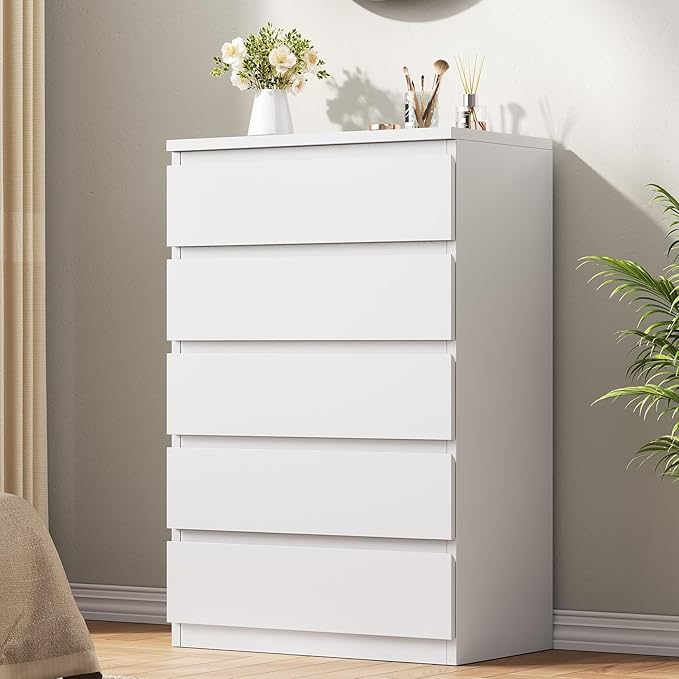 Bedroom Furniture Jocoevol White 5 Drawer Dresser for Bedroom, 15" D x 23.7" W x 40.4" H in Simply Modern Chest of Drawers, Wood Storage Dresser with Deep Drawers for Living Room H