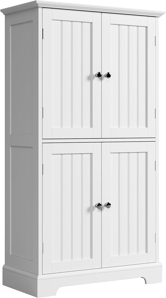 Bathroom Furniture ChooChoo ChooChoo Bathroom Floor Cabinet, Modern Bathroom Storage Cabinet with 4 Doors and Adjustable Shelves, Freestanding Cupboard for Living Room, White