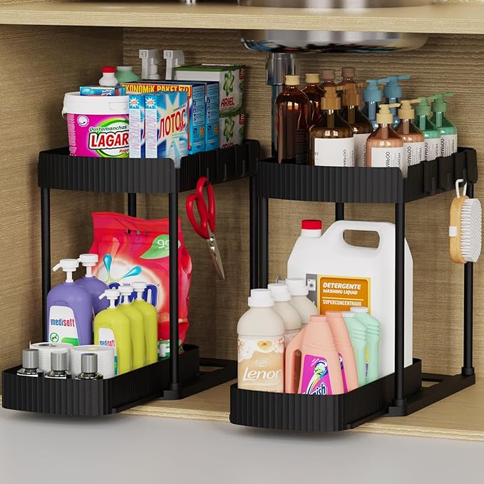 Kitchen Organisation ukeetap Multi-Purpose Pull-Out Storage Organizers, Under Sink/Cabinet Organizers and Storage for Bathroom & Kitchen, Black, 12.8 Inches, 2 Packs