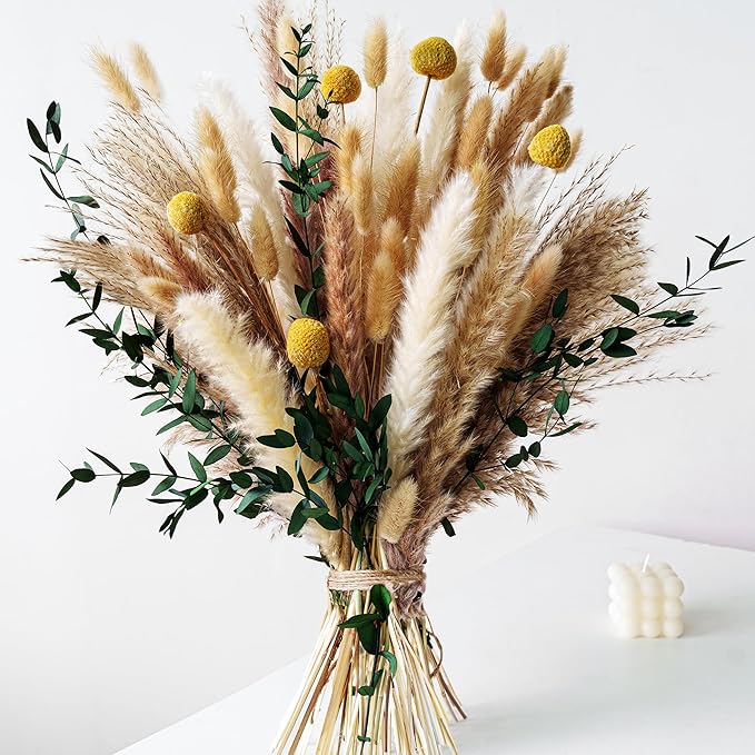 Bedroom Decor Naunauya Boho Dried Flowers Bouquet – Olive Green Wall Decor, Pampas Grass Bouquet, Rustic Flower Arrangement, Moody Office & Bedroom Decor, DIY Home Vase Filler, Far