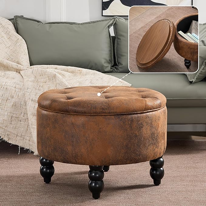 Living Room Furniture FOREDO 24 Inch PU Leather Round Ottoman with Storage, Upholstered Button Tufted Ottoman Coffee Table with Removeable Top, Foot Rest for Living Room, Bedroom, Light Brown