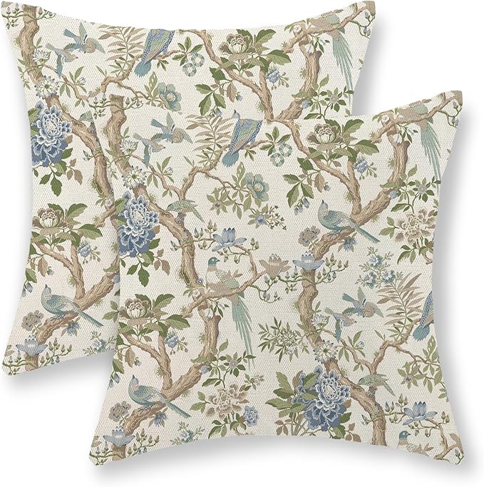 Living Room Decor GOLIANDA Blue Green Floral Bird Pillow Covers 20x20 Set of 2 Chinoiserie Throw Pillows Green Vintage Flowers Bird Decorative Pillow Cases Outdoor Chinoiserie Decor Farmhouse Cushio