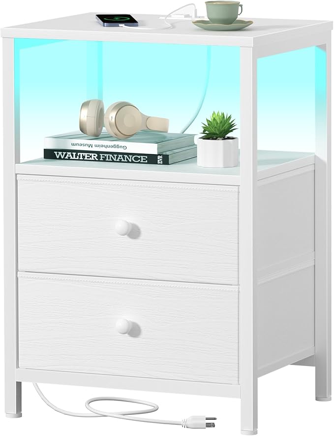 Bedroom Furniture BOLUO BOLUO White Nightstand with Charging Station, LED Night Stand with 2 Fabric Drawers, Bedside Table with USB Ports and Outlets, Nightstand for Bedroom Modern