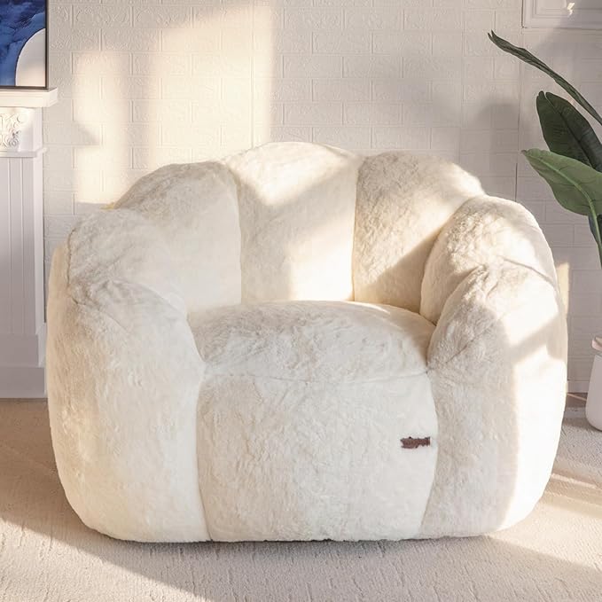 Dining Room Furniture MAXYOYO MAXYOYO Bean Bag Chair for Adults, Floral Shaped Bean Bag Sofa, Ultra Soft Faux Fur Floor Sofa, Large Reading Chair for Living Room Bedroom, Beige, Si