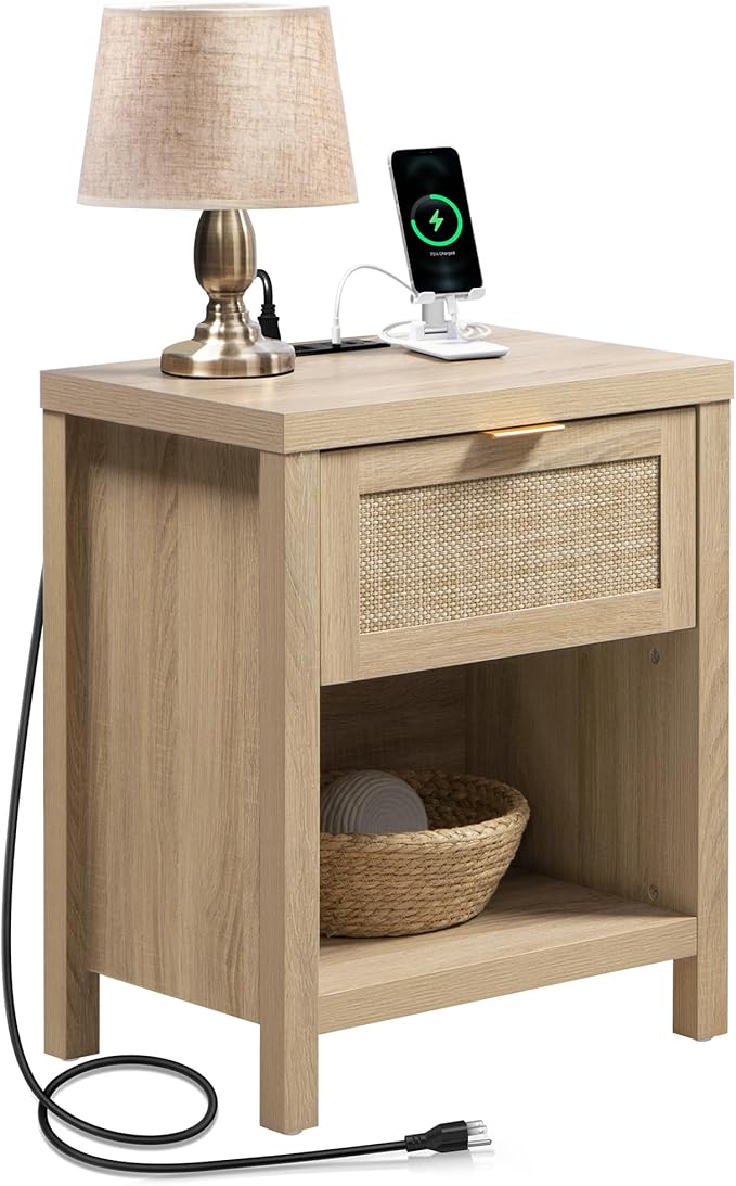 Bedroom Furniture SICOTAS SICOTAS Night Stand with Charging Station - Rattan Nightstand with Type-C and USB Ports, Farmhouse Boho Bed Side Table with Drawer and Open Shelf for Bedroom Small Space, Light Oak