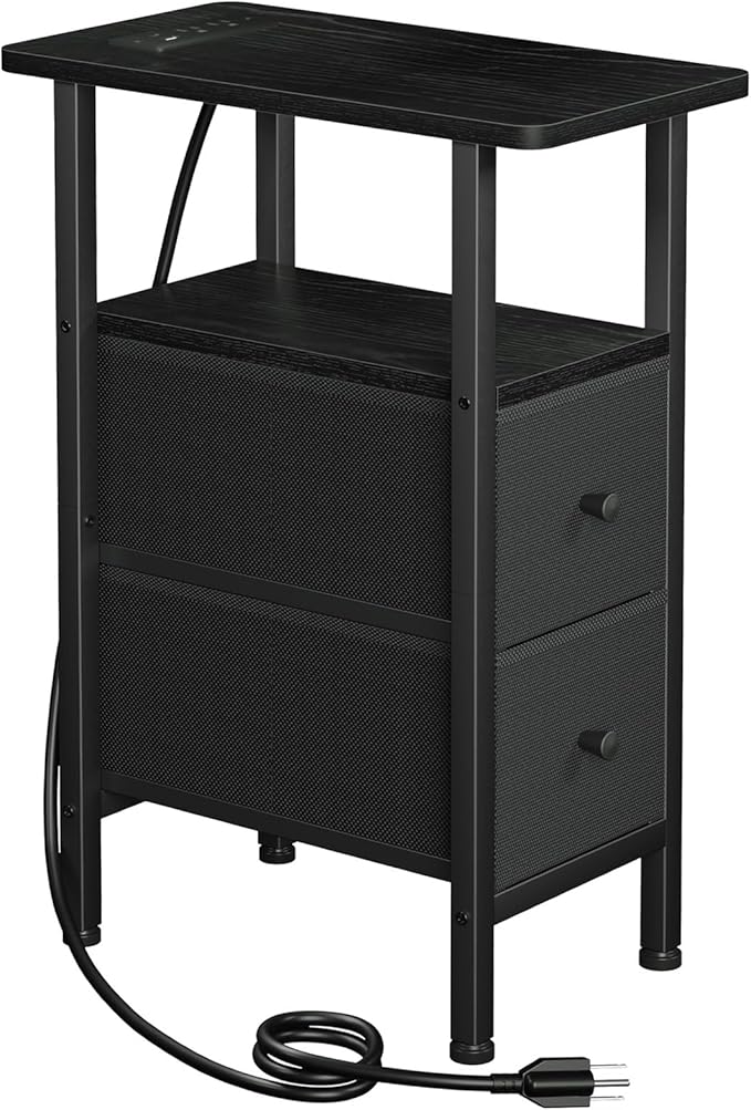Bedroom Furniture LOAKEKEL Narrow End Table Living Room with Charging Station, Skinny Side Table with Fabric Drawers, Slim Nightstand for Bedroom, Small Spaces, Couch, Black, HETND