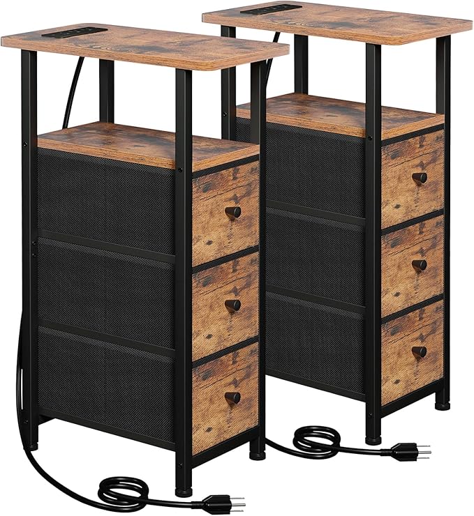 Bedroom Furniture LOAKEKEL Narrow End Tables Living Room Set of 2 with Charging Station, Skinny Side Table with Fabric Drawers, Slim Nightstand for Bedroom, Small Spaces, Couch, Br