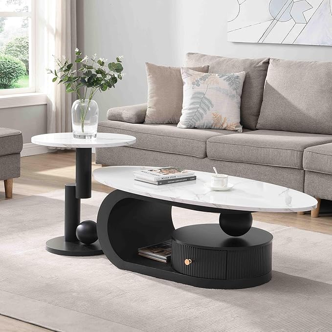Living Room Furniture SSLine SSLine Luxury Nesting Coffee Table Set with Black Base Modern Faux Marble Living Room Table Set of 2 Include Oval Coffee Table with Drawer and End Table for Living Room Bedroom