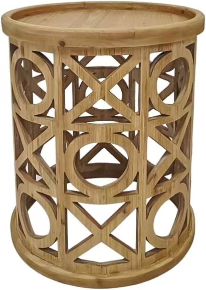 Living Room Furniture mayagarchaum Vintage Solid Wood Round Coffee Table with Hollow Carved XO Pattern for Home Decor, Living Room Wooden Furniture, Decorative Side Table