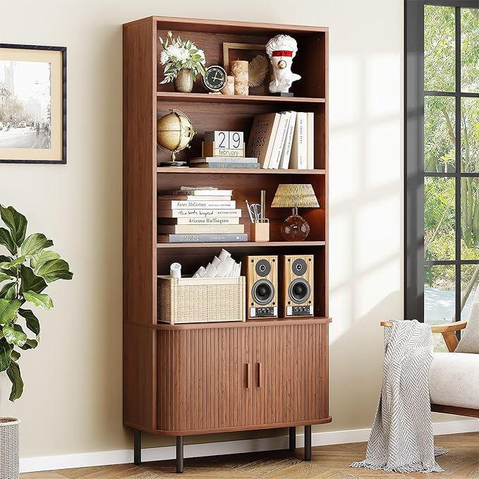 Living Room Furniture ONBRILL ONBRILL 71" Tall Bookshelf, 4-Tier Bookcase with Storage Cabinet & Adjustable Storage Shelf, Freestanding Wood Bookshelf with Sliding Door and Adjusta