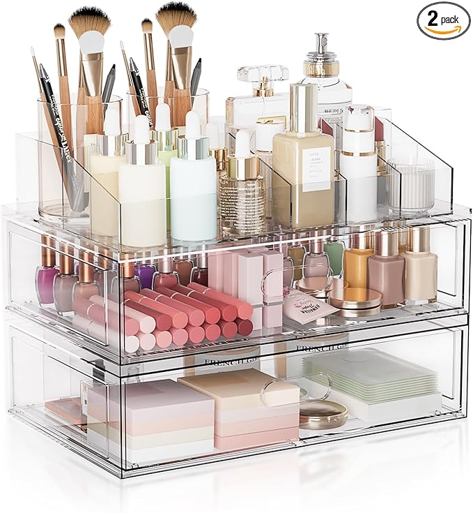 Bedroom Organisation Aurblozen Clear Stackable Makeup Organizer with Drawer, 12"W Acrylic Storage Drawers, Cosmetic Display Case for Vanity Bathroom Countertop