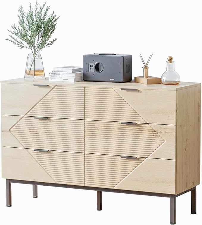 Bedroom Organisation VDNEND Dresser for Bedroom with 6 Drawer, Farmhouse Wood Dresser Storage Drawers, Espresso Long Double Fluted Dressers